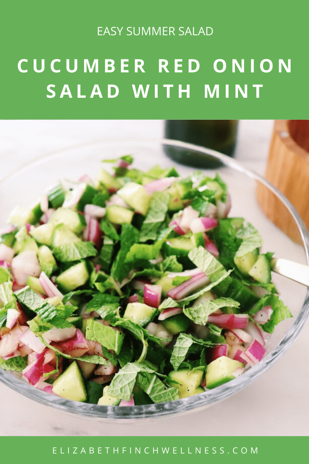 Easy Summer Salads: A Refreshing Cucumber Red Onion Salad With Mint recipe featured by top US wellness blogger, Elizabeth Finch Wellness.